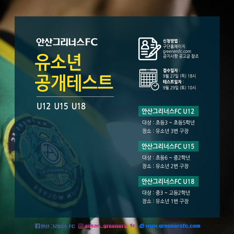 안산, 2018 하반기 U18, U15, U12 유소년 공개테스트 실시